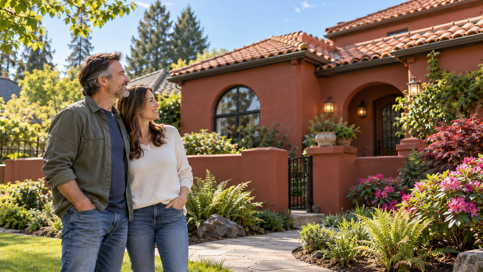 Portland homeowners in front of their terracotta stucco home with new stucco siding by LADA Exteriors