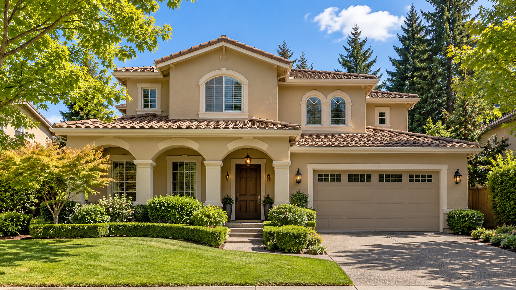 Cream colored stucco home with tile roof and arched windows in the Portland area