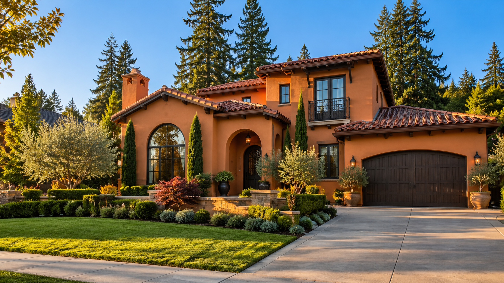 Spanish style stucco house with smooth finish and clay tile roof under a blue sky in Oregon