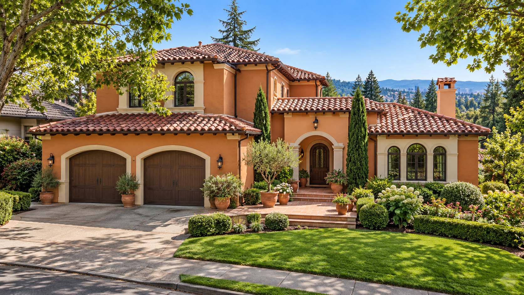 Two-story Mediterranean stucco home with EIFS detail and tile roof in the Portland metro area